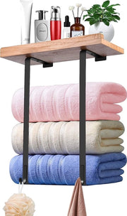 Handdoekrek a muro per bagno, appoggio asciugamani a muro per bagno con pannello in legno e 2 ganci, asciugamani a muro per rotoli di asciugamani da bagno