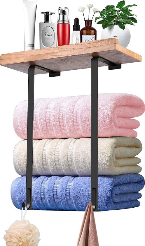 Handdoekrek a muro per bagno, appoggio asciugamani a muro per bagno con pannello in legno e 2 ganci, asciugamani a muro per rotoli di asciugamani da bagno