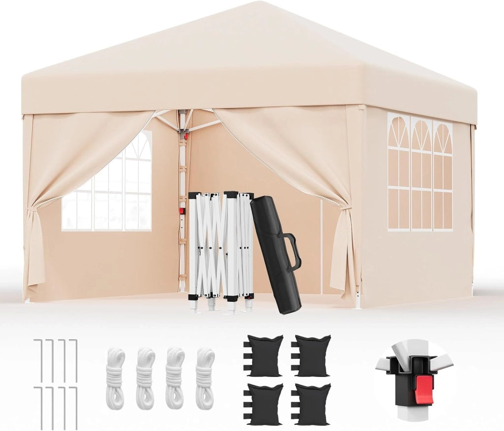 Gazebo 3x3 Pieghevole Impermeabile UPF50+, 3 Altezze Regolabili, 4 Pareti Rimuovibili, Gazebo da Giardino per 8-10 Persone, Pop-up Gazebo Esterno Resistente con Borsa da Trasporto, Beige