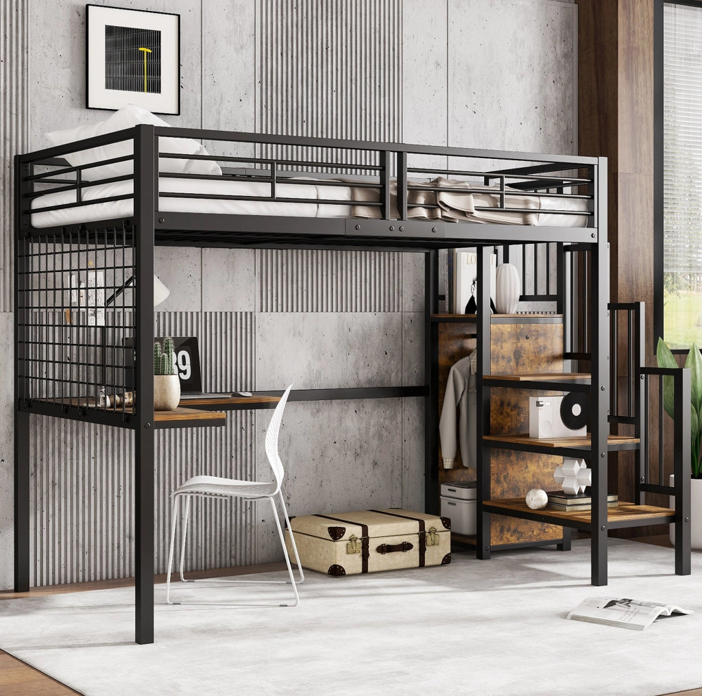 Letto a soppalco 90x200 cm con armadio e scale laterali nero e noce scuro