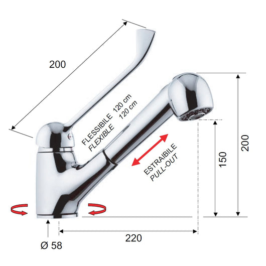Rubinetto per lavello con leva lunga e doccia estraibile a getto variabile 200 - serie kiss