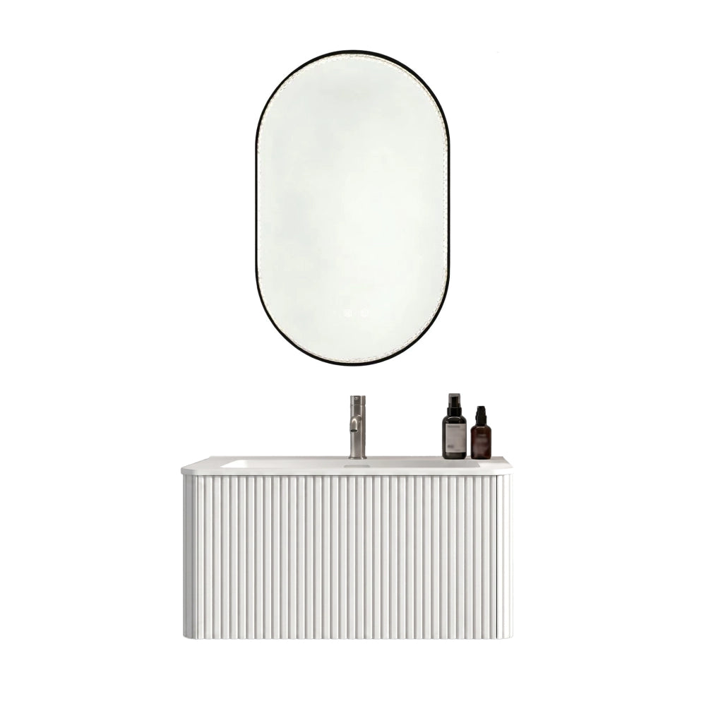 Set mobili bagno sospeso con specchio LED e lavabo integrato in MDF bianco
