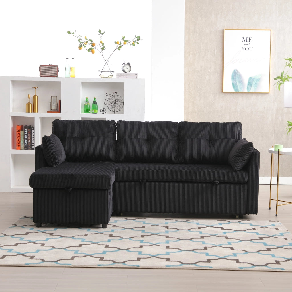 Divano letto modulare con contenitore sedute con tasche laterali e cuscini in tessuto a coste nero 206 × 108 × 66 cm