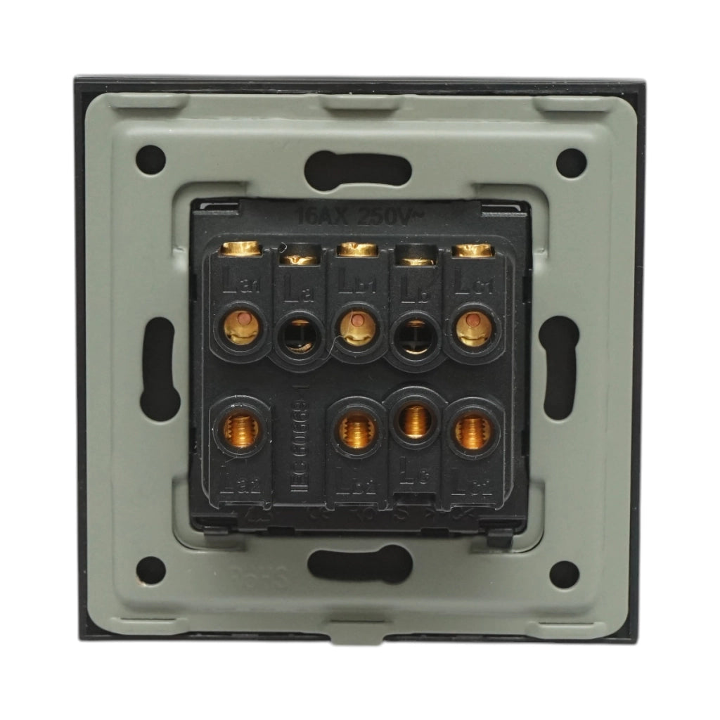 Interruttore triplo, nero, da incasso, 220V, 16AX, spia luminosa, cornice in vetro 86x86x34mm