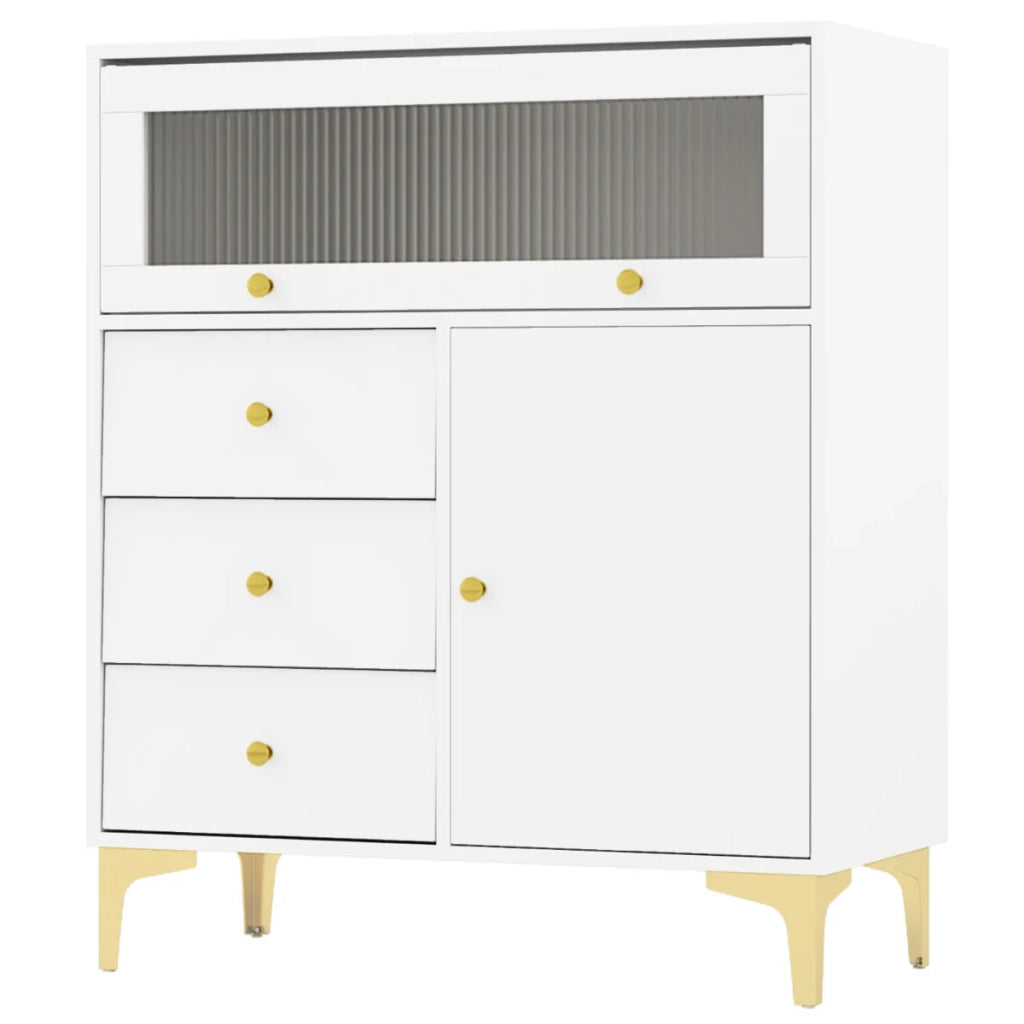 Cassettiera 80 x 40 x 95,5 cm con 3 cassetti e 2 armadietti con ante in vetro scanalato design moderno in legno bianco 20_0011568