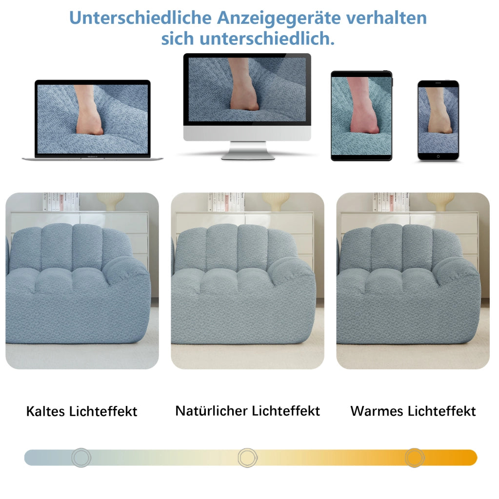 Divano modulare frameless in fleece granulato blu; configurazione U/L/4 posti con schiuma 32D