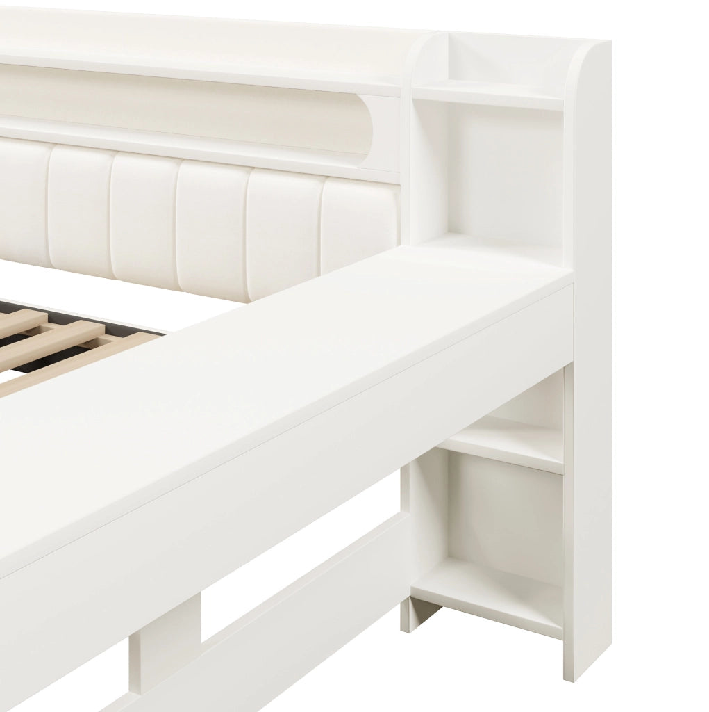 Daybed imbottito 140x200 cm con LED, porte USB, scrivania integrata e 2 cassetti, bianco