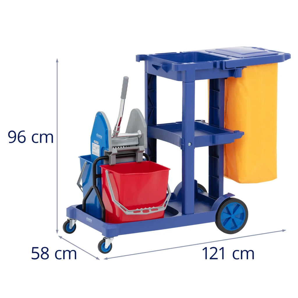 Carrello per la pulizia con 2 secchi con strizzatore e sacco per la biancheria 3 ripiani per un carico massimo di 200 kg blu PP PE 14_0008604