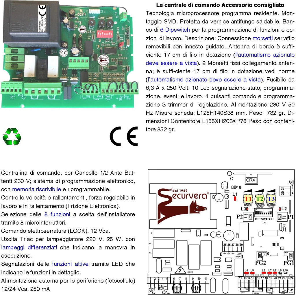 Cancello Automatico 6 Metri 2 Ante da 3 MT Kit Base 2 Motori Elettromeccanici 230 V Corsa 500 mm Spinta 2 Q.li Kit Staffe 3 Radiocomandi 2 Coppie Fotocellule Faro 2 Chiavi Sblocco Cartello Monitore