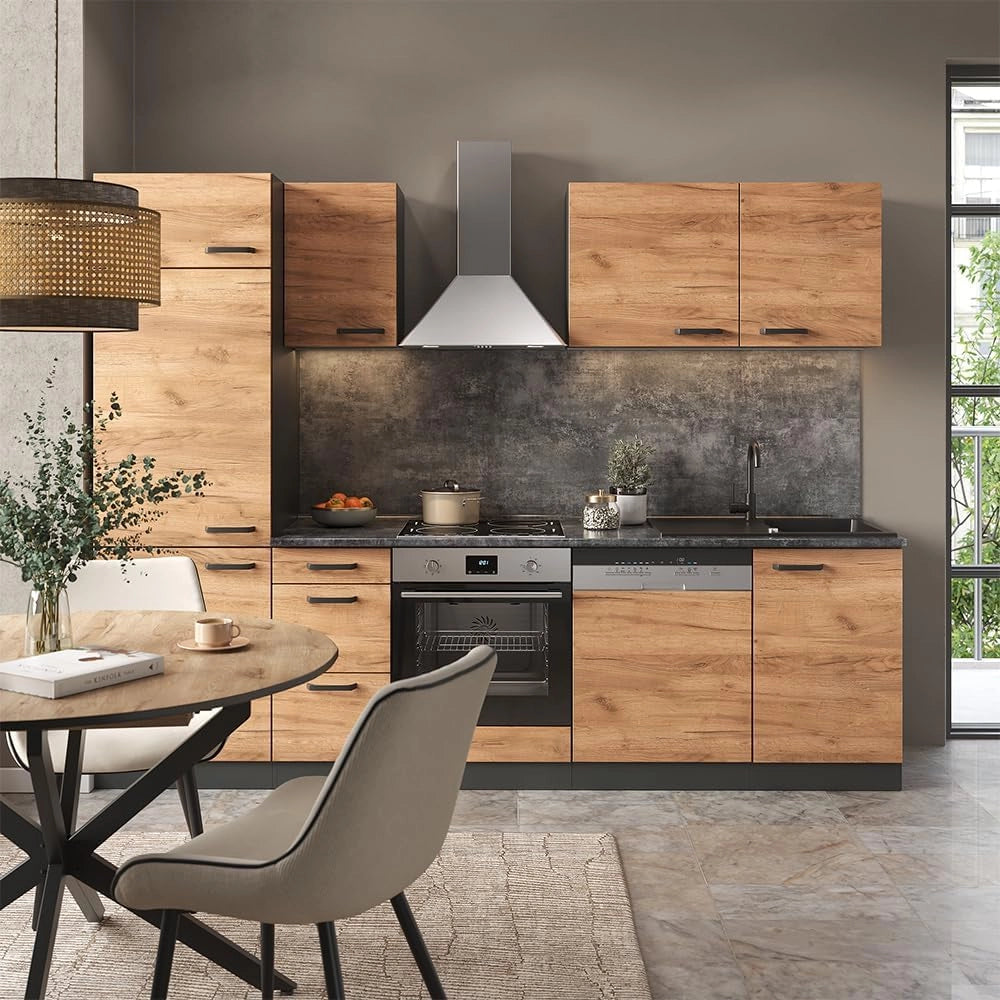 Mobile da cucina Optima, Quercia dorata/antracite, 270 cm Senza piano di lavoro, con colonna, adatto per disposizione e ampliamento personalizzati