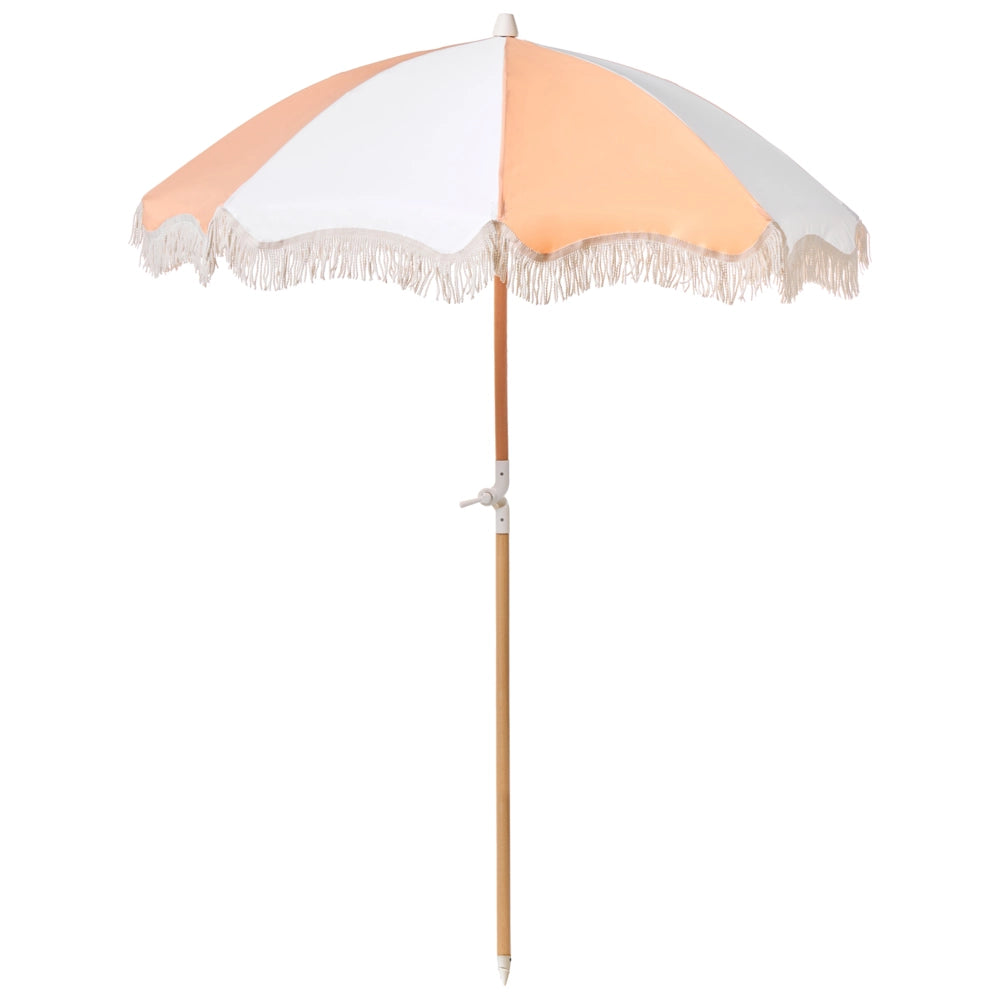 Ombrellone giardino tessuto bianco e arancione palo in legno faggio 150 cm Ombrellone esterno rotondo giardino retrò inclinabile resistente ai raggi UV