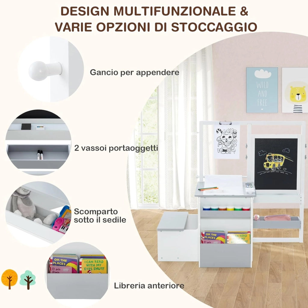 Set 3 in 1 Tavolo e Sedie per Bambini 3+ Anni, Tavolo in Legno Sicuro con Lavagna Cancellabile, Magnetica, Cavalletto Regolabile, Libreria e Accessori Artistici, per Disegno (Bianco e Grigio)