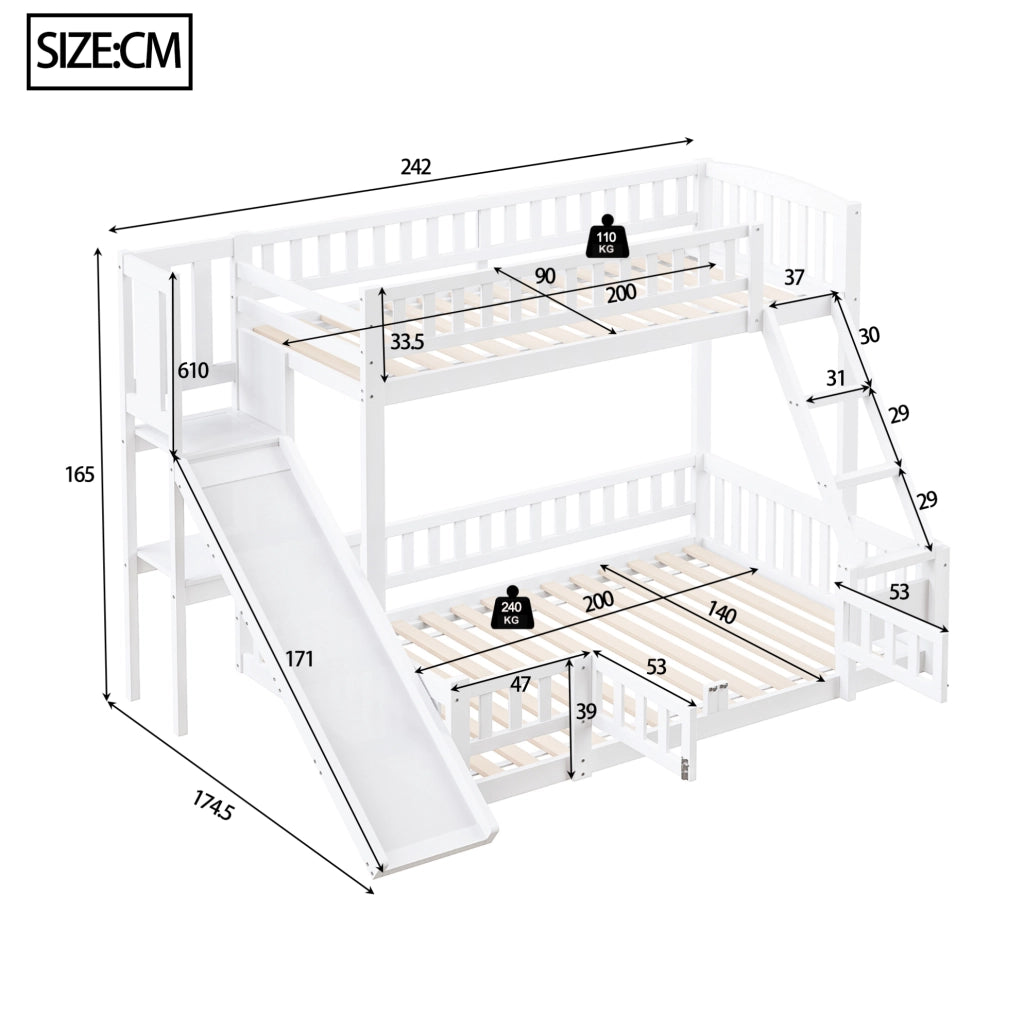 Letto a castello 140x200 cm con scivolo; ripiani e scala; in pino e MDF bianco