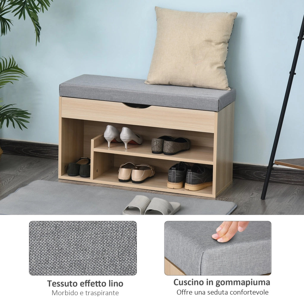 Panca Scarpiera 2 Ripiani in MDF con Cuscino 80x30x48 cm  Grigio e Rovere