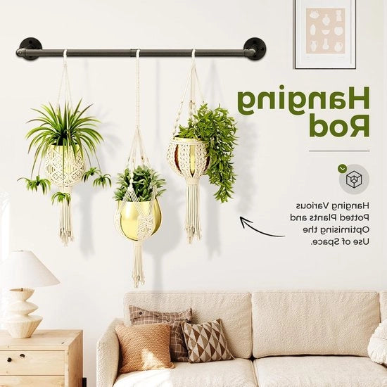 Sospensione per piante Sospensioni per piante da appendere, per piante da interni - soffitto - barra metallica galleggiante nera - decorazione per la camera da letto, cucina, soggiorno