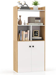 Libreria Scaffale con 2 Ante di Stoccaggio, Libreria Salvaspazio Moderna con 4 Ripiani in Legno Aperti, Mobile Alto Ufficio, per Soggiorno, Camera da Letto, 60 x 30 x 133 cm (Naturale)