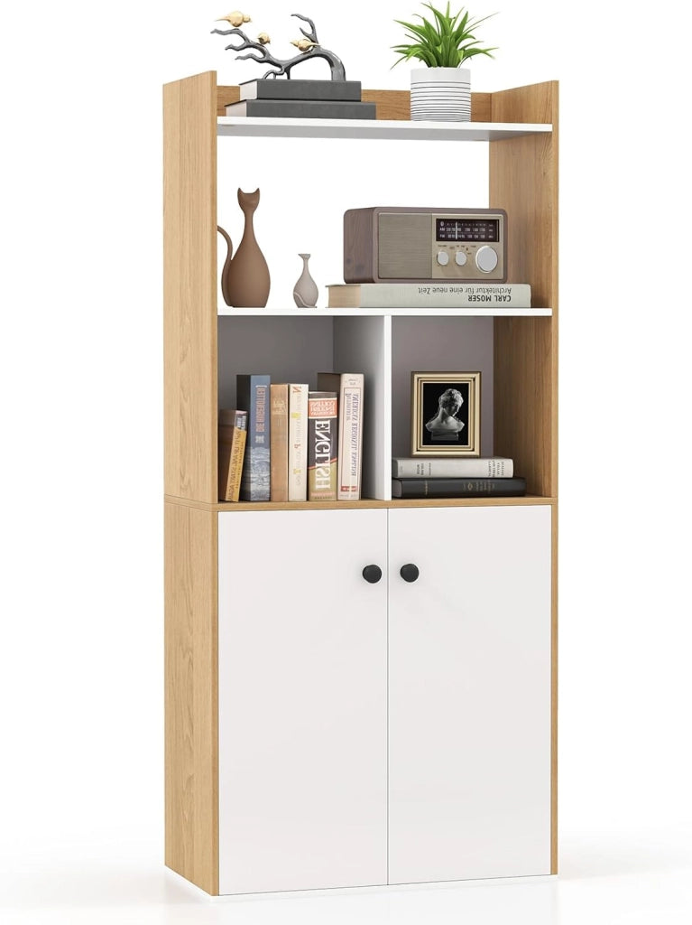 Libreria Scaffale con 2 Ante di Stoccaggio, Libreria Salvaspazio Moderna con 4 Ripiani in Legno Aperti, Mobile Alto Ufficio, per Soggiorno, Camera da Letto, 60 x 30 x 133 cm (Naturale)