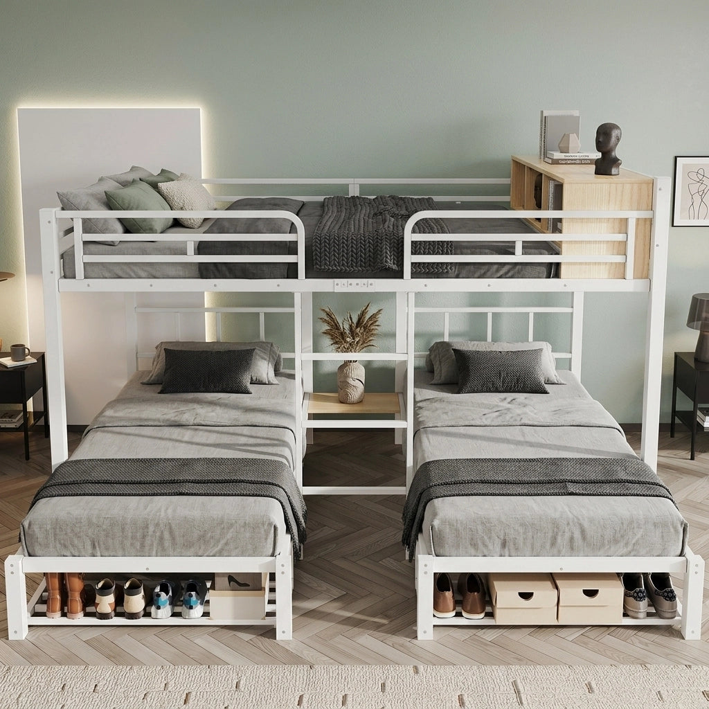 Letto a Castello 140x200 e 90x200 cm; Letto 3 Posti; con Mensola e Scarpiera in Metallo