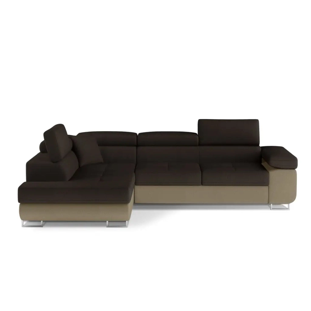Divano angolare trasformabile MENTON beige e marrone bouclé - Angolo sinistro con contenitore