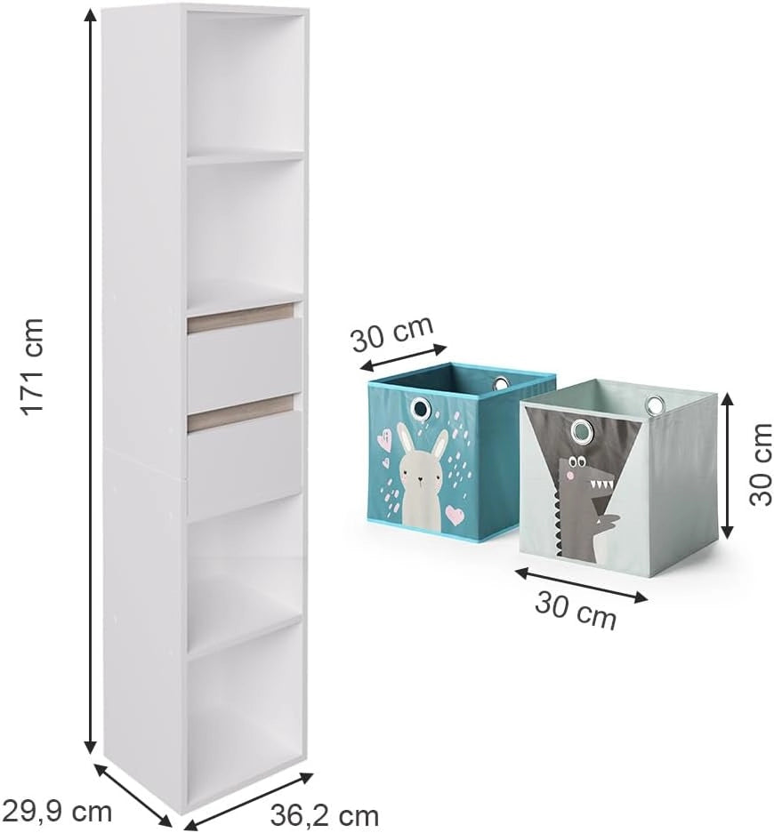 Libreria bambini Robert, Bianco, 36.2 x 171 cm con box pieghevoli colorati, adatto per riporre giocattoli e libri