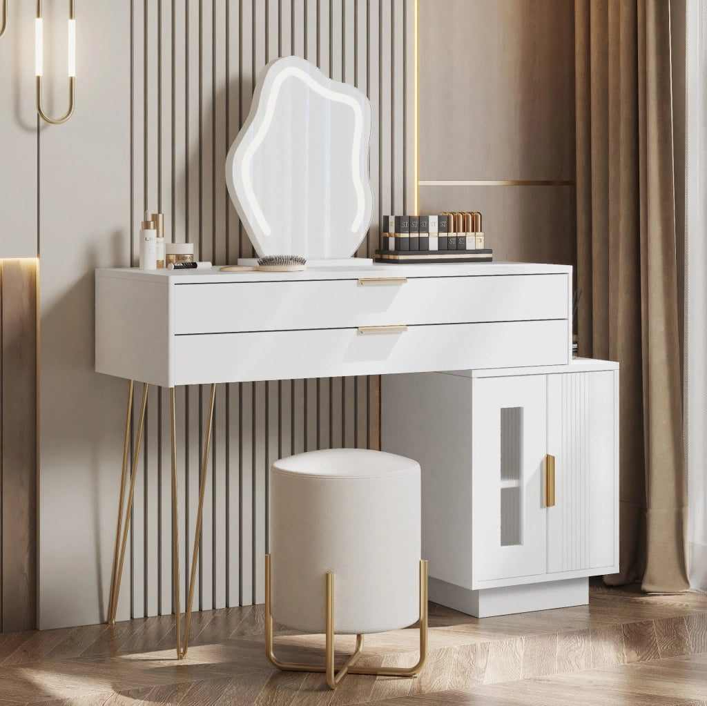 Tavolo da trucco bianco estensibile con specchio LED e 2 cassetti, 100x40x78 cm