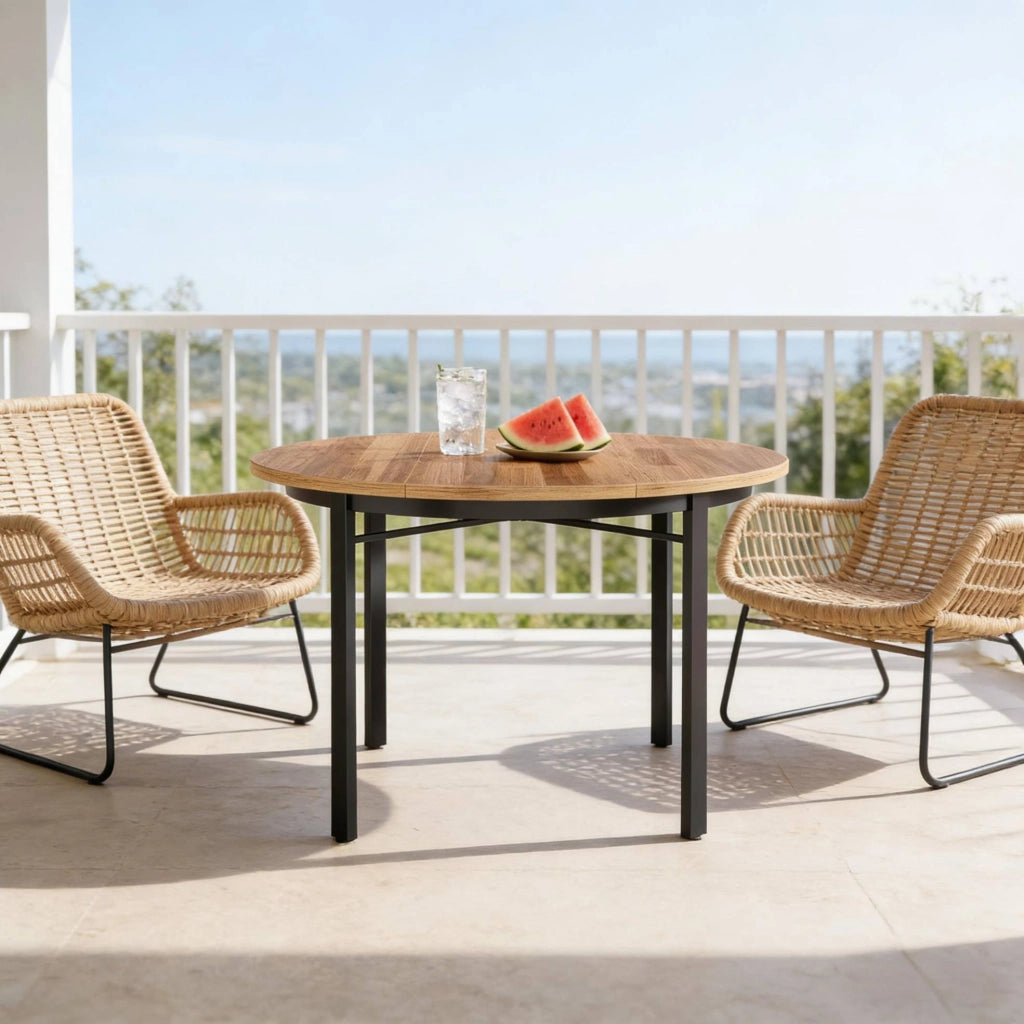 Tavolo da pranzo rotondo stile rustico moderno; diametro 118;5 cm; in MDF e metallo nero/marrone