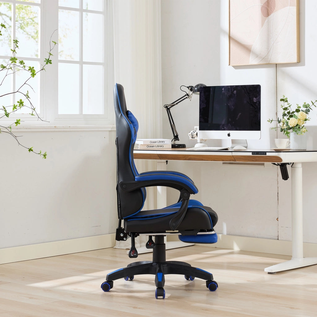 Sedia Gaming Ergonomica Girevole ¨C MINIMAL ¨C Ecopelle Nero e Blu, Poggiatesta e Supporto Lombare