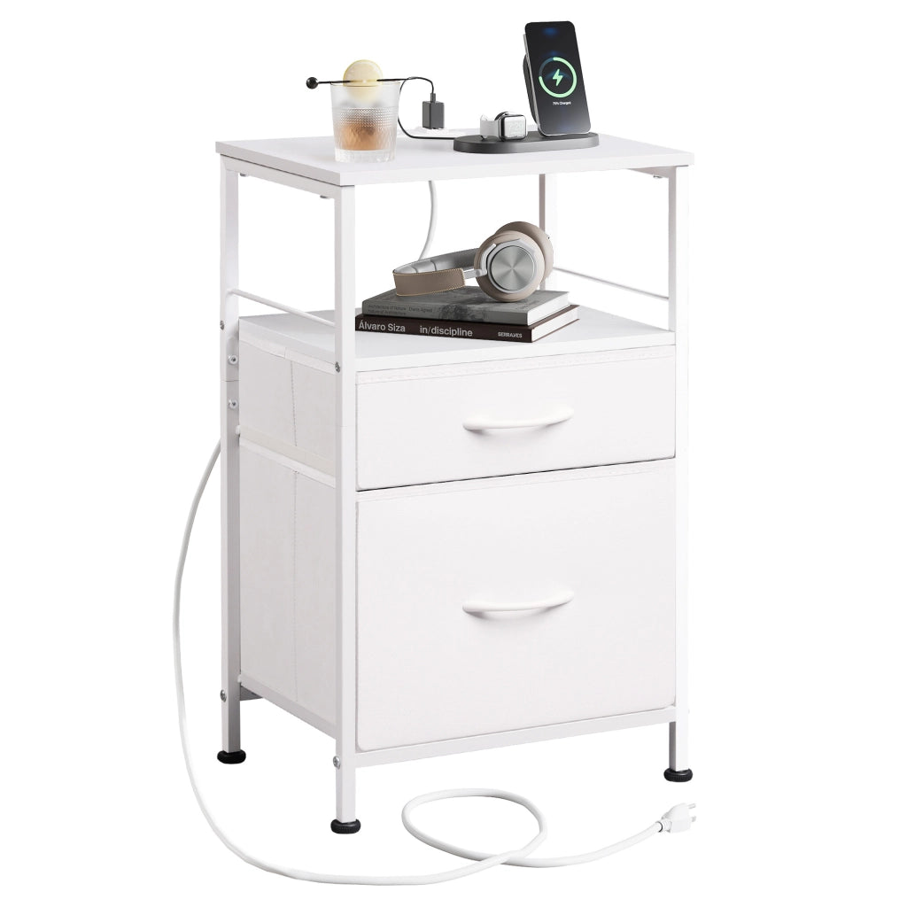 Comodino Bianco con 2 Cassetti in Tessuto e Presa ¨C zephmum ¨C 40x30x60cm