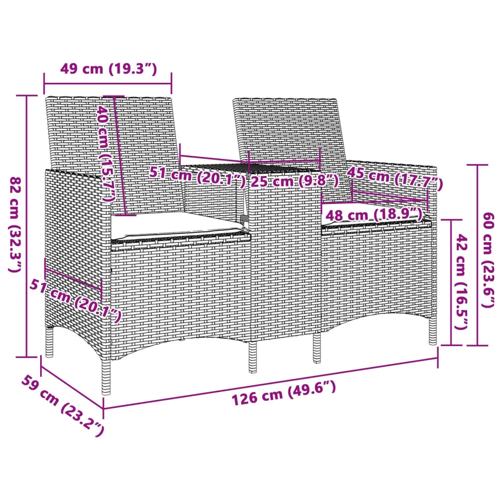 Divano Giardino 2 Posti con Tavolo e Cuscini Beige Polyrattan