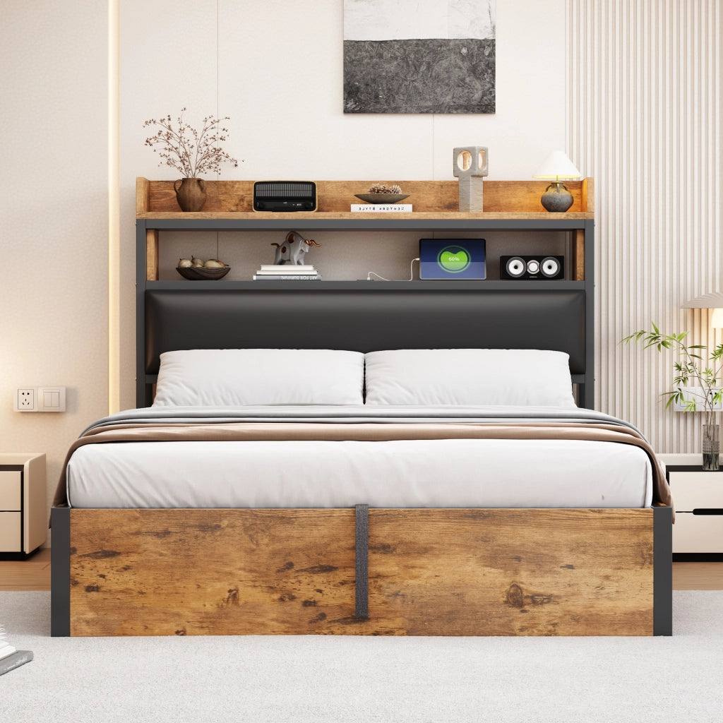 Letto Contenitore 140 x 200 cm; Letto Matrimoniale - USB e Testiera con Mensole - Nero