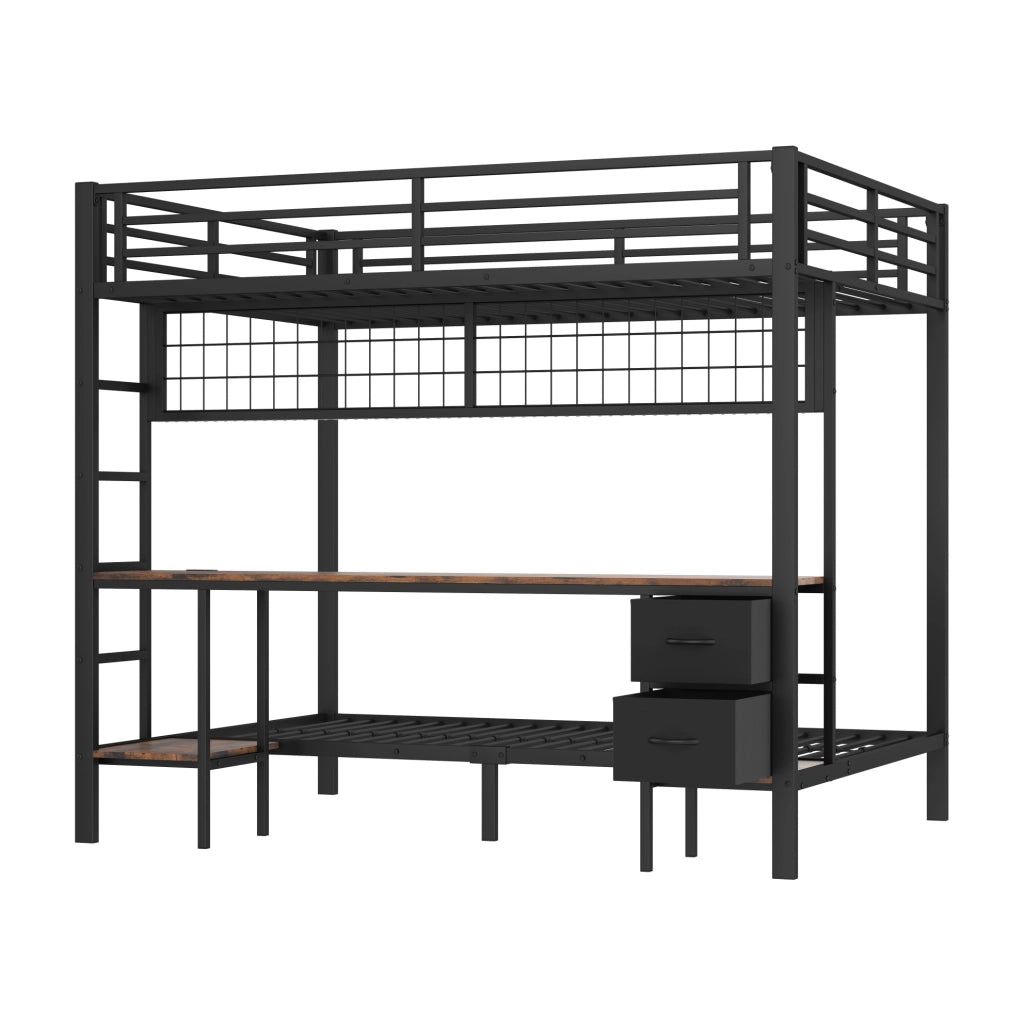 Letto a soppalco 140x200 cm in metallo e MDF nero con scrivania; cassetti; ripiani e LED