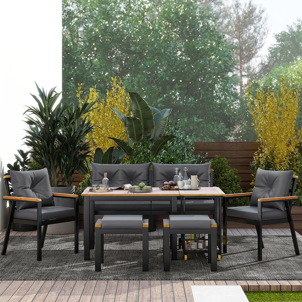 Set da giardino in acacia 6-7 posti - Xylo - Sedie + carrello pasti con fodere lavabili
