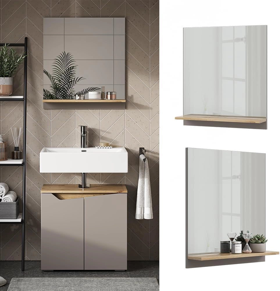Specchio contenitore bagno Marelle, Grigio, 60 x 67 cm con ripiano, adatto per il montaggio a parete in ambienti umidi