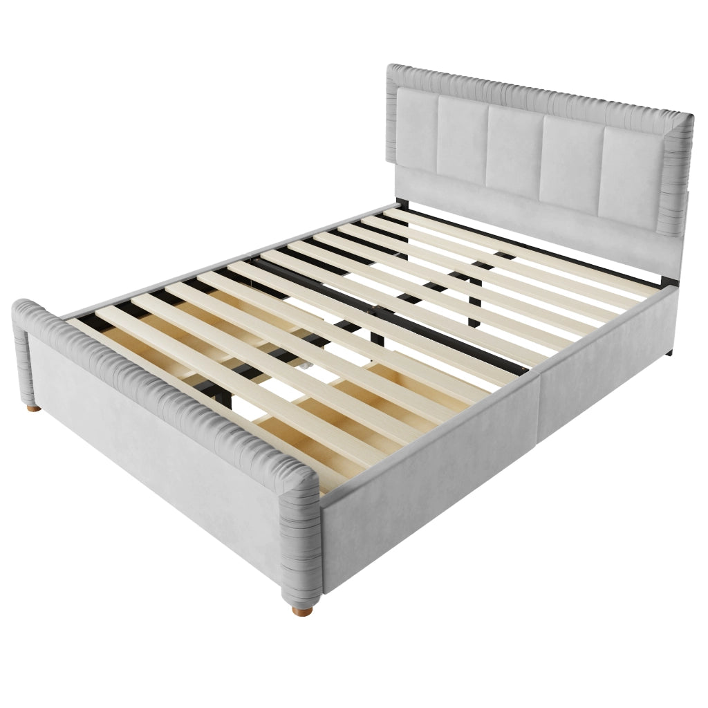 Letto imbottito 140x200 cm in velluto grigio con 2 cassetti e testiera imbottita