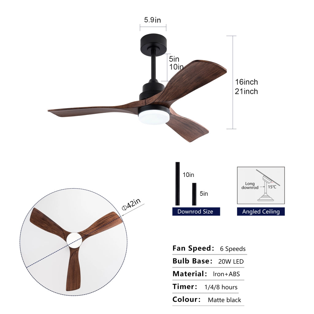 Ventilatore da soffitto a 3 pale con luce led e telecomando in abs nero e noce scuro