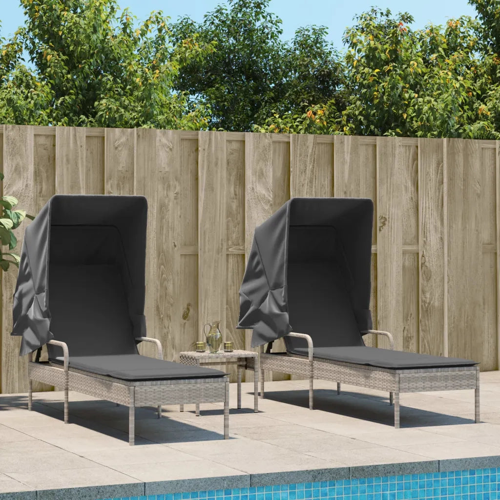 Lettini Prendisole 2 pz | Sdraio da giardino | Lettino da sole con Baldacchino e Tavolino Polyrattan