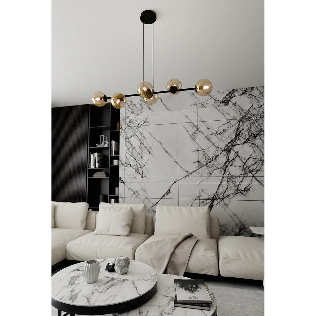 Lampadario Contemporaneo 6 Luci Durga In Acciaio Nero E Sfere In Vetro Ambra