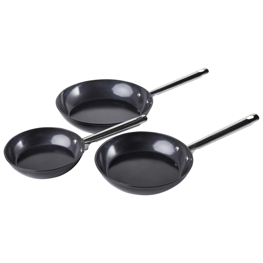 Set di 3 padelle in 3 dimensioni con rivestimento in ceramica antiaderente in alluminio nero
