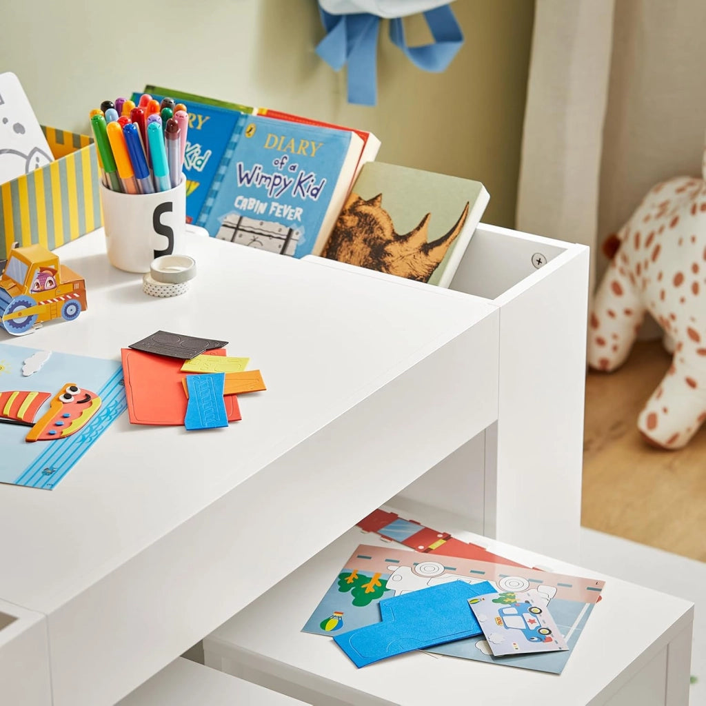 Tavolo multifunzionale per bambini con 2 sgabelli e 8 contenitori Set tavolo e sedie per cameretta bambini Tavolo da gioco con spazio di archiviazione Bianco 87x50x50 cm KMB75-W