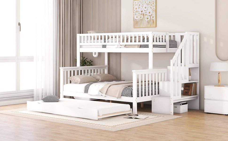 DESMIU Letto a castello 3 posti con letto estraibile, vani portaoggetti e scala, 90 × 200 e 140 × 200 cm, senza materasso