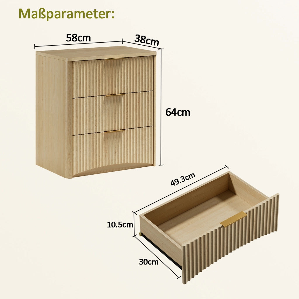 Comodino con 3 cassetti e guide ammortizzate pannelli scanalati MDF rovere camera da letto 58 × 38 × 64 cm