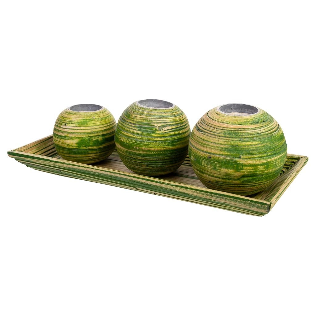 Set vassoio e 3 portacandele in legno di bambù verde 33x13x3h cm