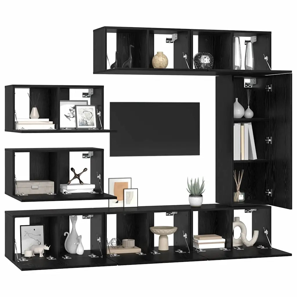 Set mobile TV 8 pz-Set di 8 Credenza per TV Rovere Nero Legno multistrato