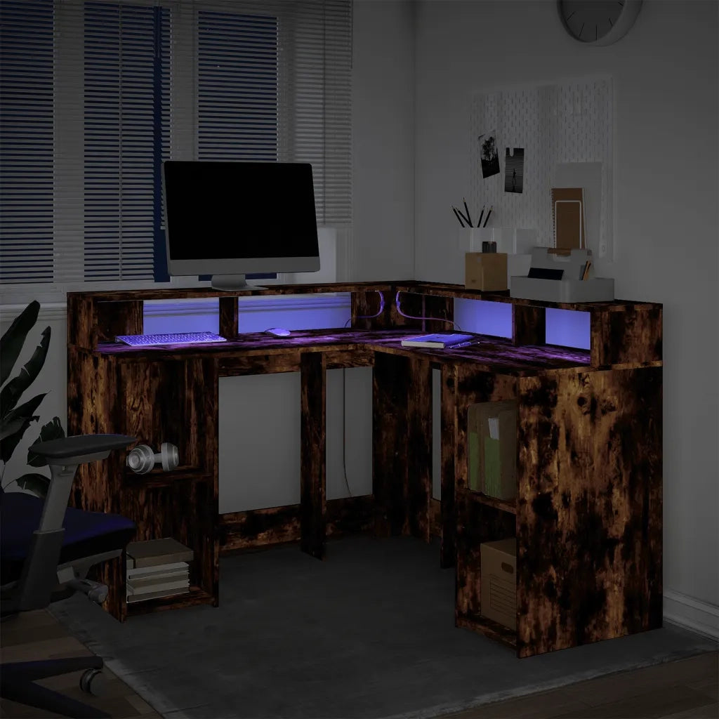 vidaXL Scrivania con Luci LED Rovere Fumo 130x130x91 cm in Truciolato