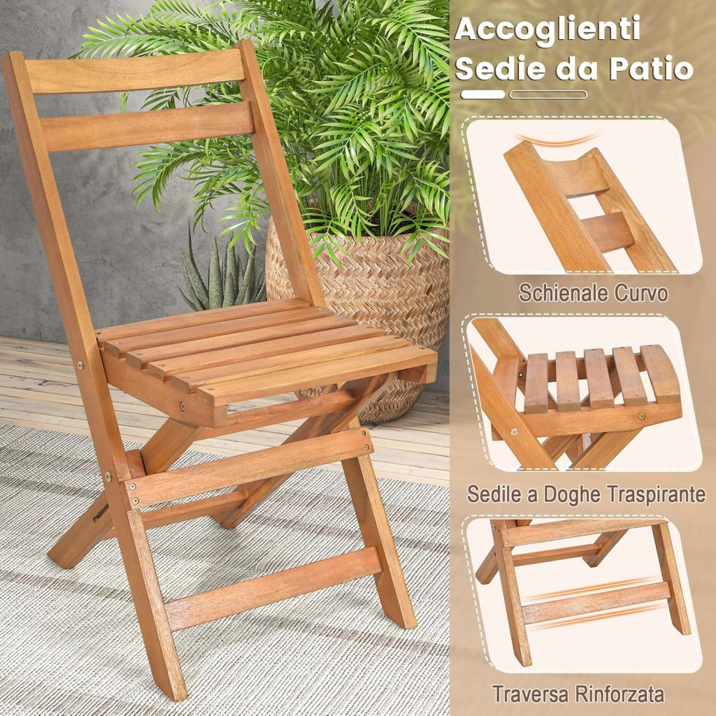 Set Tavolo e Sedie da Giardino, Set Mobili da Giardino Pieghevoli 3 Pezzi in Legno di Acacia, Arredo Giardino per Giardino Terrazzo Balcone