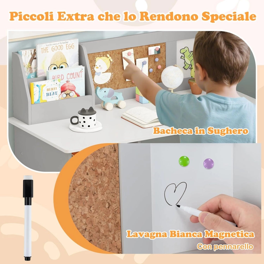 Set Scrivania e Sedia per Bambini per Studio e Lettura, Grigio | Banco Scuola con Sedia Ergonomica, Lavagna Bianca, Pennarello, Armadietto e Bacheca, Postazione Computer per Cameretta Studio