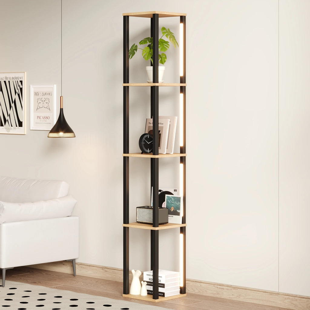 Libreria illuminata a 4 ripiani 26 x 26 x 165 cm, MDF, design moderno minimalista, LED a tre tonalit¨¤, nero e effetto legno