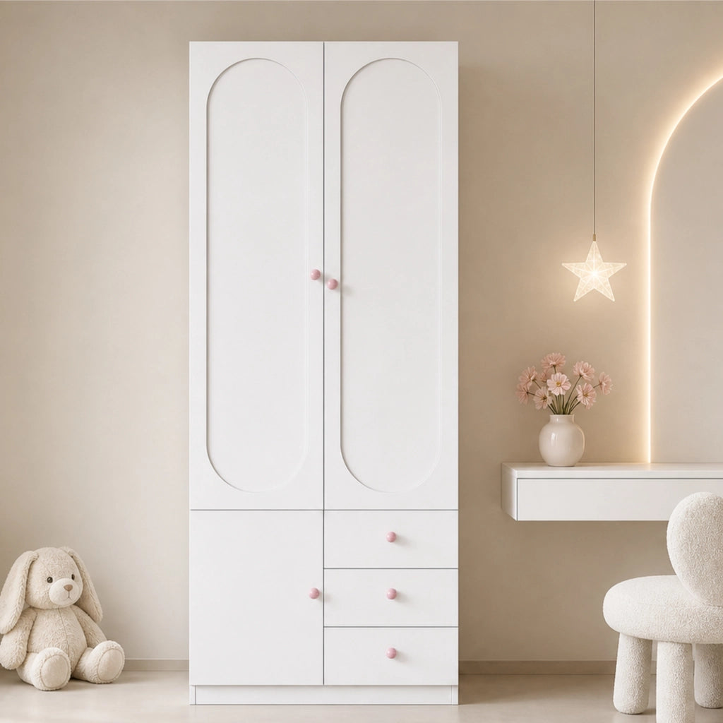 Armadio 80x50x200 cm con 2 ante e 3 cassetti in MDF bianco