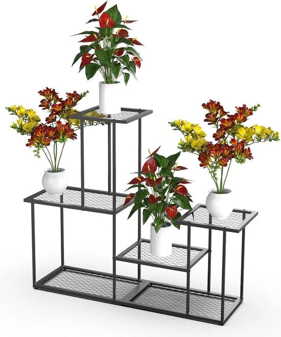 Supporto per piante in metallo nero con 4 livelli per interni ed esterni - vassoio per piante per terrazza, giardino, salotto, balcone, camera da letto