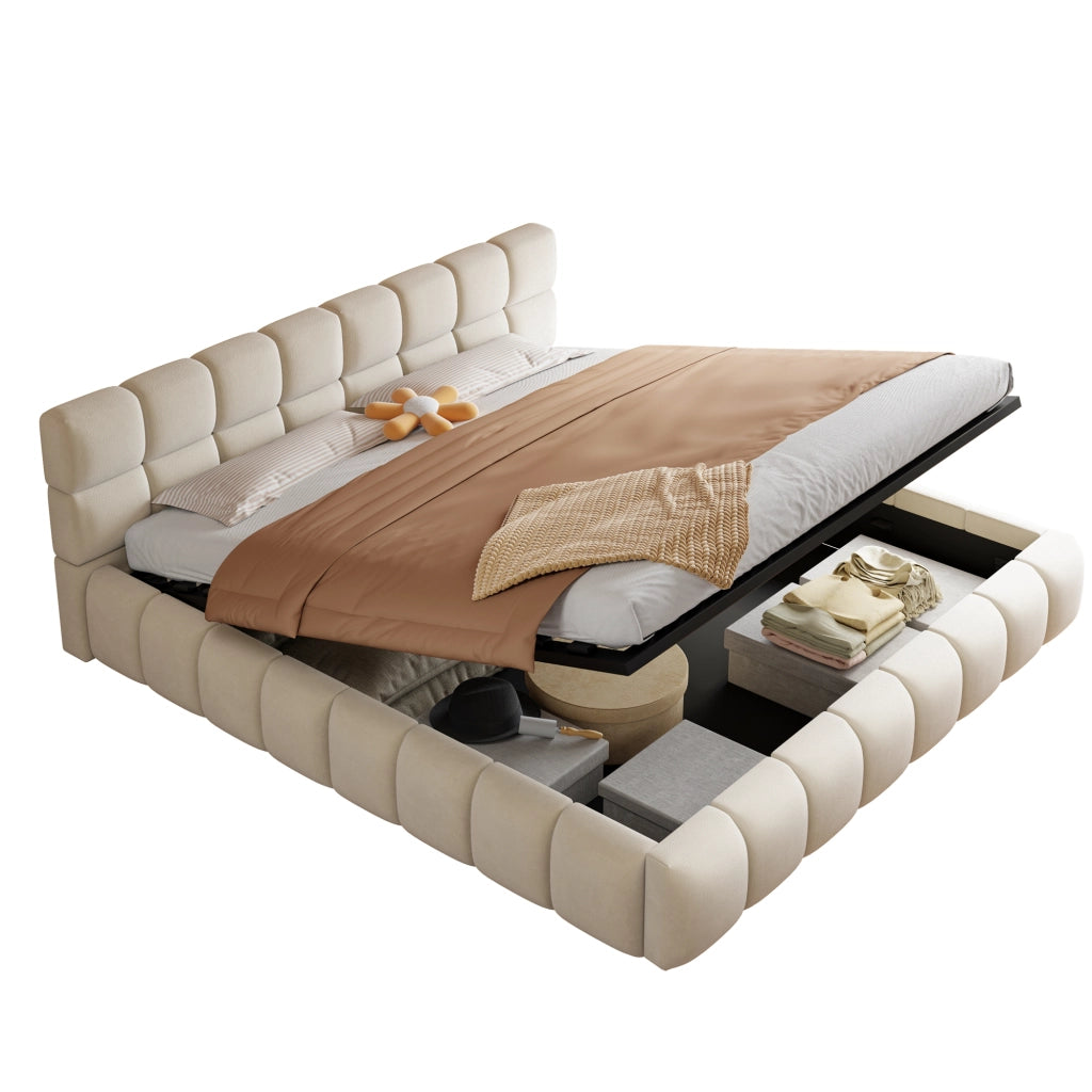 Letto imbottito matrimoniale 180x200 cm con contenitore idraulico, LED e tessuto effetto velluto beige